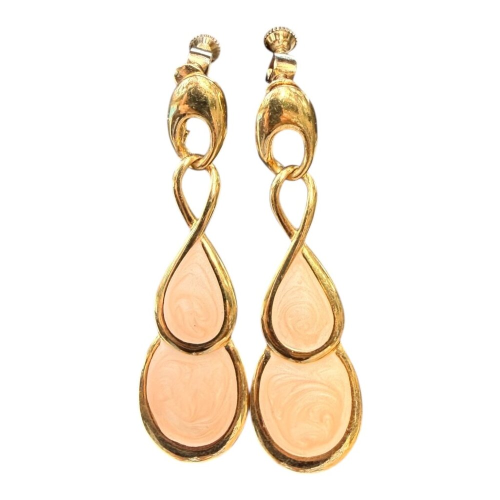 Napier Gold Tone Pink Swirl Enamel Teardrop Clip-On Earrings Vintage 1970s-80s - Picture 4 of 10